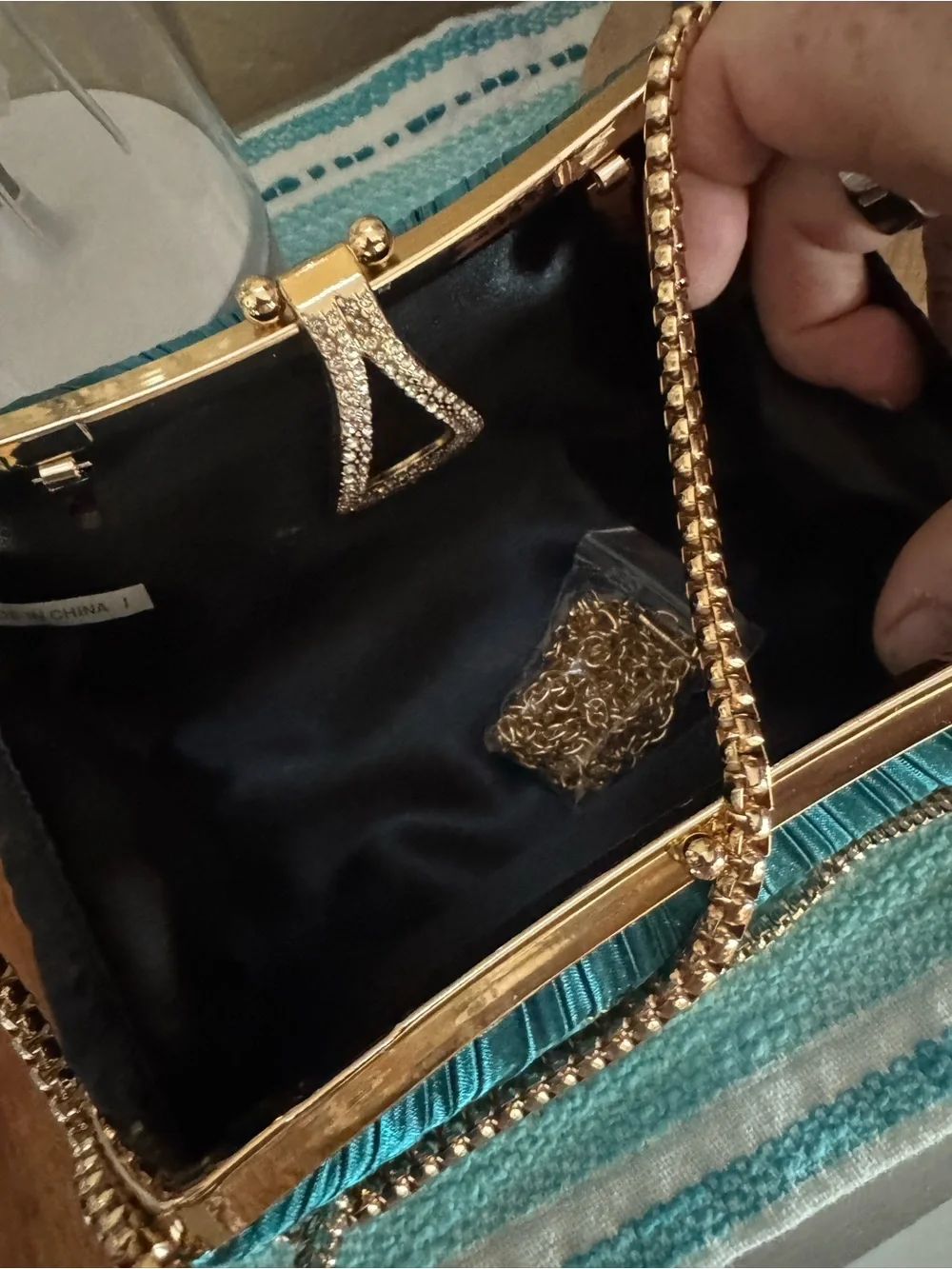 Elegant Teal Evening Clutch with Gold Chain & Crystal Accent Shoulder Strap NEW